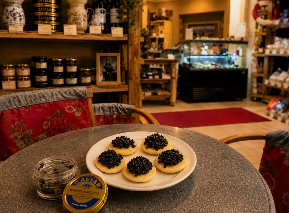 Kaviarverkostung mit Blinis im Berözka-Feinkostgeschäft in Berlin